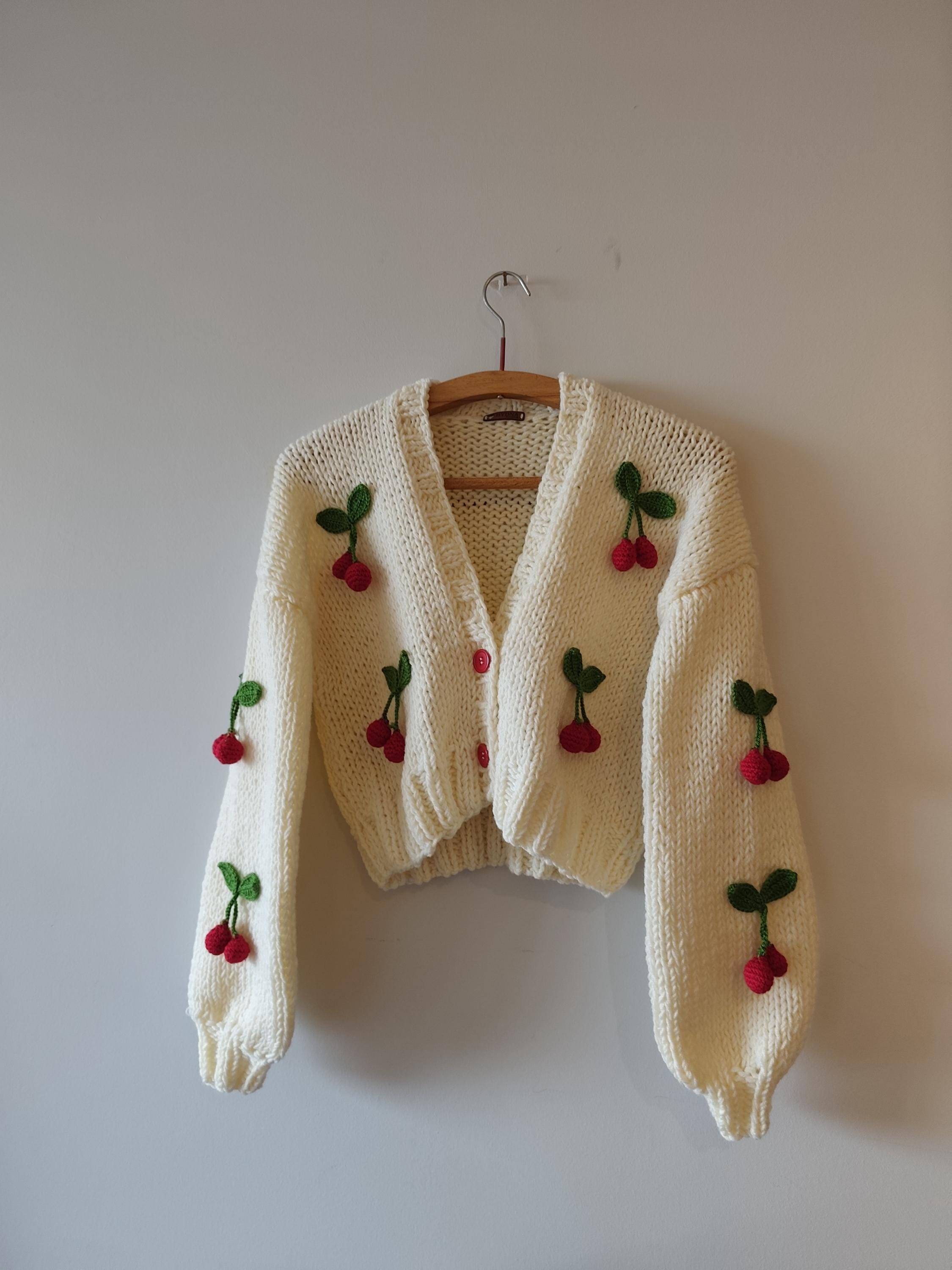 BYDNA Cherry Crop Handmade Cardigan, Cozy Knitted Sweater, Chunky