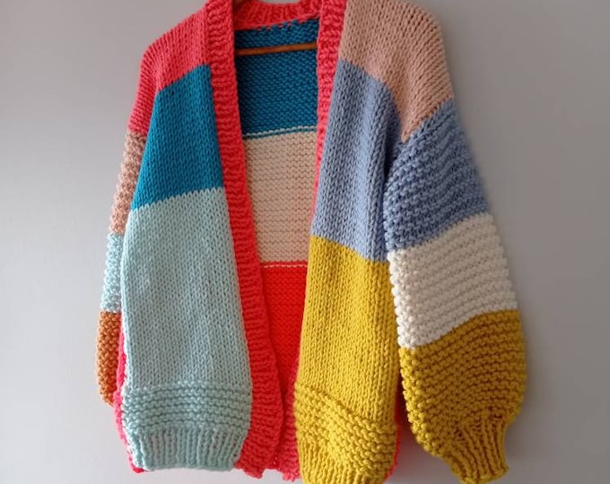 Chunky rainbow Knit Cardigan, Oversized Colorblock Sweater, Handmade Gift for Her by BYDNA