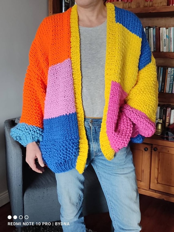 Men Trendy Cardigan Oversize Colorblock Sweater Neon Pink