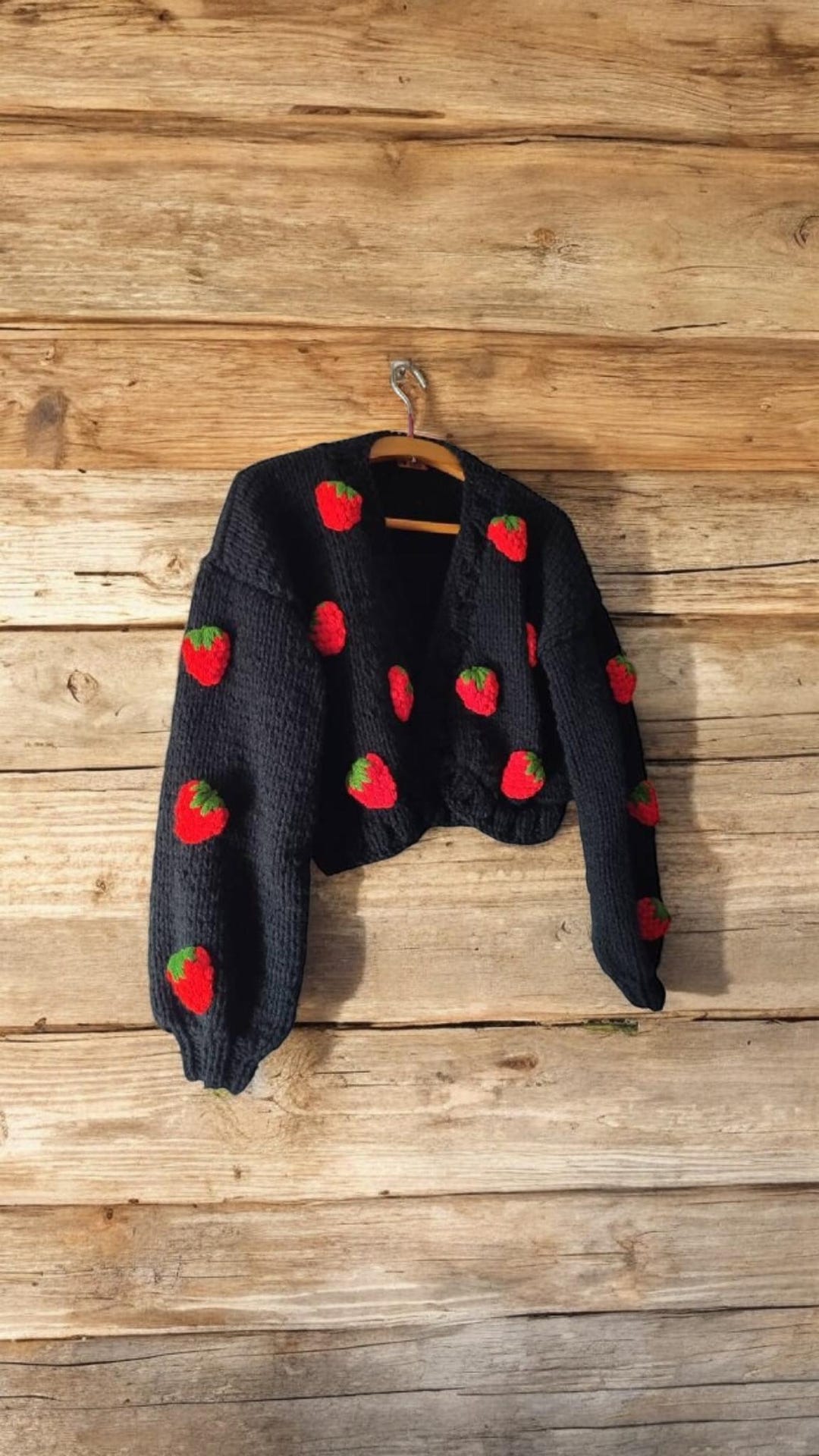 Bydna Viral Strawberry Cardigan, Black Chunky Knit Sweater, Trendy