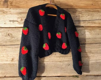 Handmade Oversize Chunky Lemon Knit Cardigan, Fruit Patch Sweater
