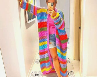 Boho long knit cardigan, oversized maxi sweater, cozy long knit coat, neon pink jumper, maxi long outfit, holiday handmade cozy gifts