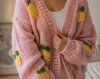 Pink Lemon Cardigan, Lemon Love Knit Sweater, Handmade Chunky Cardigan, Wearable Hug Sweater, Cozy Fruit Cardigan