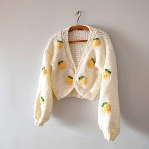 Lemon slice embroidery woman trendy cardigan,cotton or acrylic oversize spring mid crop knit sweater, birthday gift for her, handmade jumper