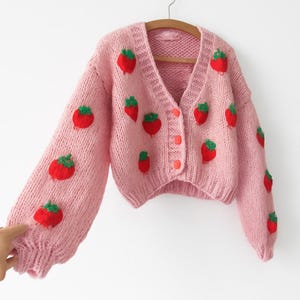 Strawberry crop pink cardigan, cardigan sweaters for women,  knitted topic jacket, fruits embroidery cute cardigan, aesthetic jumper