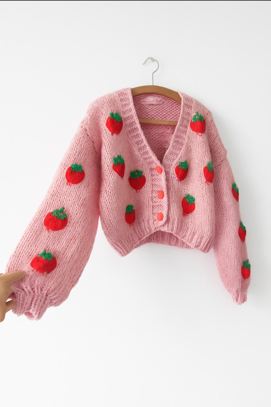 Strawberry Pink Cardigan, Fruit Sweaters for Women, Knitted Topic