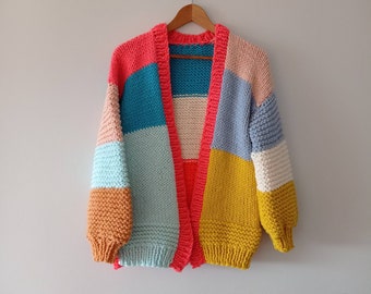 Rainbow cardigan for woman, Chunky knit oversize sweater, best seller jumper, colorful sweater cardigan, mothersday gifts woman knitted top.