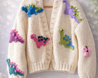 Handmade Cotton Blend Dinosaur Embroidery Cardigan, Animal Knit