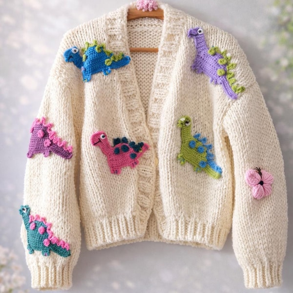Cotton blend dinosaur embroidery cardigan, Handmade Knit Sweater, Crochet Dino Gift for Her, Rounded or Straight Front