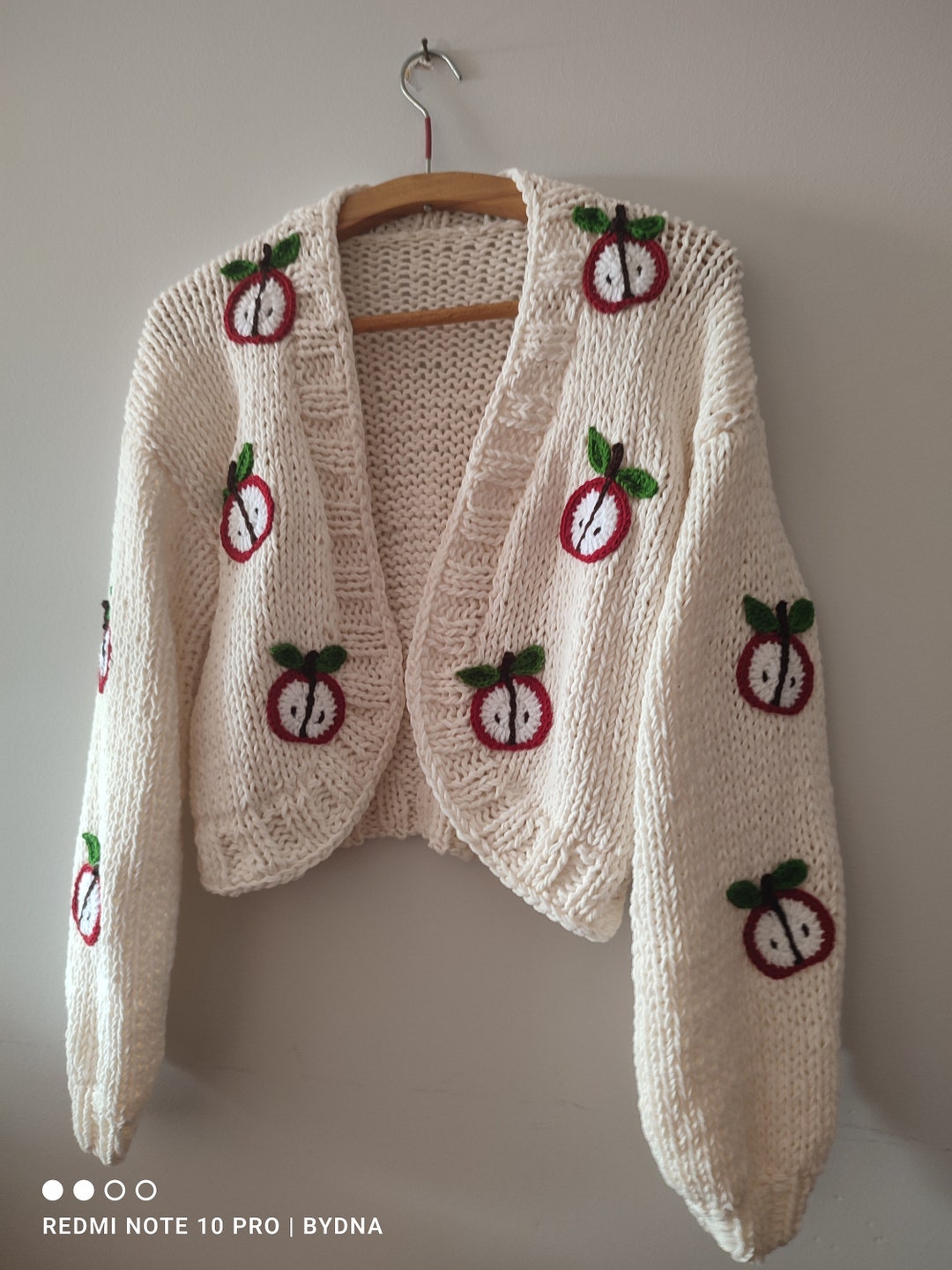 Handmade Chunky Knit Cardigan: Red Apple Embroidery Cozy Wool