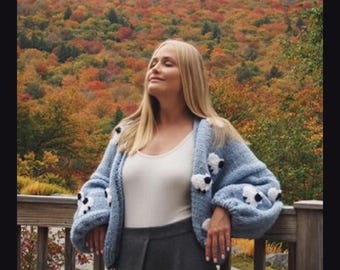 Oversized crop sheep blue cardigan, chunky knitted lamb sweater, embroidered handmade jumper, Gifts for her, iconic Bydna sweater
