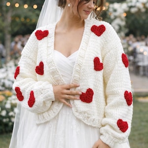 Hand Knit Wedding Cardigan with Red Hearts – Bridal Knit Sweater, Romantic Bridal Cover Up, Handmade Wedding Gift for Bride