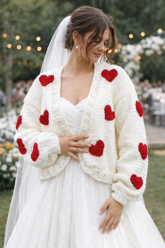 Hand Knit Wedding Cardigan with Red Hearts - Bridal Knit Sweater, Romantic Bridal Cover Up, Handmade Wedding Gift for Bride