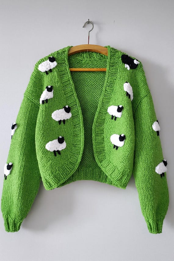 Sheep Cozy Green Sweater, Chunky Lamb Cardigan, Y2K Look, Kawaii