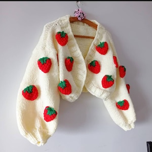 Custom order famous strawberry chunky crop cardigan for woman with 14 handmade strawberries, unique gifts for her, knitted  woman clothes