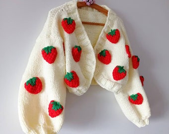 Op maat gemaakte beroemde aardbei dikke crop vest voor vrouw met 14 handgemaakte aardbeien, unieke cadeaus voor haar, gebreide dameskleding