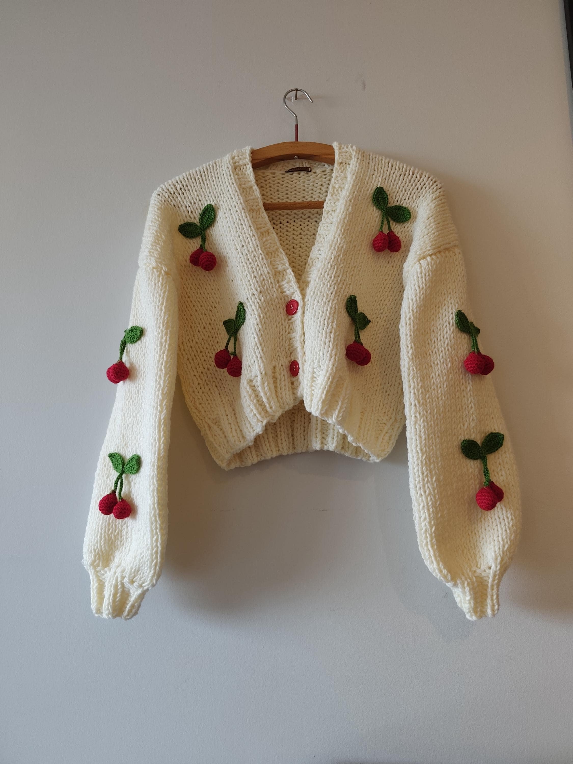 Cherry Crop Handmade Cardigan, Cozy Knitted Sweater, Chunky Cherry