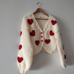 Cotton heart cardigan, knitted all seasons sweater, custom order  12 heart embroidery jumper, gifts for her, woman clothes, mothersday bydna