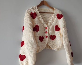 Cotton heart cardigan, knitted all seasons sweater, custom order  12 heart embroidery jumper, gifts for her, woman clothes, mothersday bydna