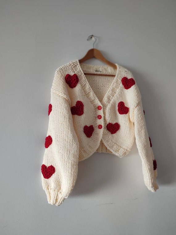 Cotton Heart Cardigan, Knitted All Seasons Sweater, Custom Order