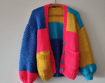 Unisex large cardigan, colorblock sweater, trendy neon color clothes, woman unique gifts, cardigan with buttons and pockets, handmade gifts