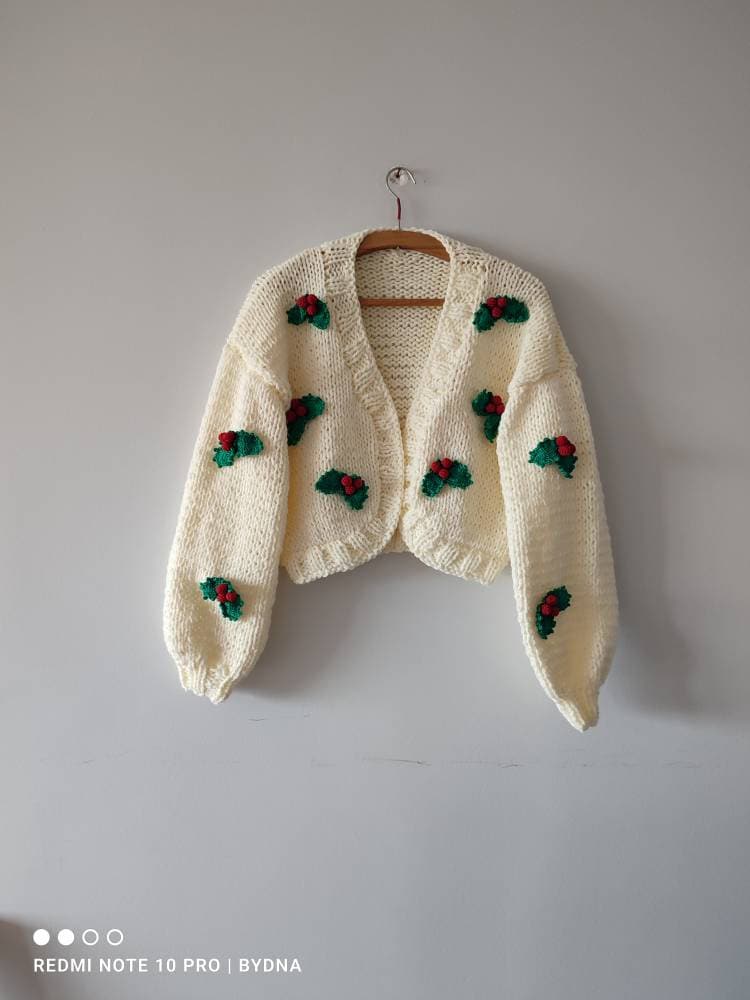 Handmade Christmas Cardigan, Crochet Holly Berry Appliqué Sweater