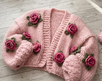 Rose Coquette Cardigan, Pink Chunky Knit Cardigan, Cropped Floral Sweater, Handmade Cottagecore Cardigan, TikTok Aesthetic Knitwear