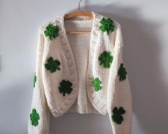 Clover luck cardigan, gifts for mom, girls shamrock sweater, nevada girl gifts, bydna knit wear, trendy easter gifts, lucky game jersey