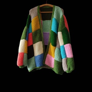 Patchwork mohair cardigan, large cardigan, patch multicolor jumper, chunky sweater for women, handmade gift clothes, minimalist comfory wear