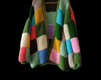 Patchwork mohair cardigan, large cardigan, patch multicolor jumper, chunky sweater for women, handmade gift clothes, minimalist comfory wear