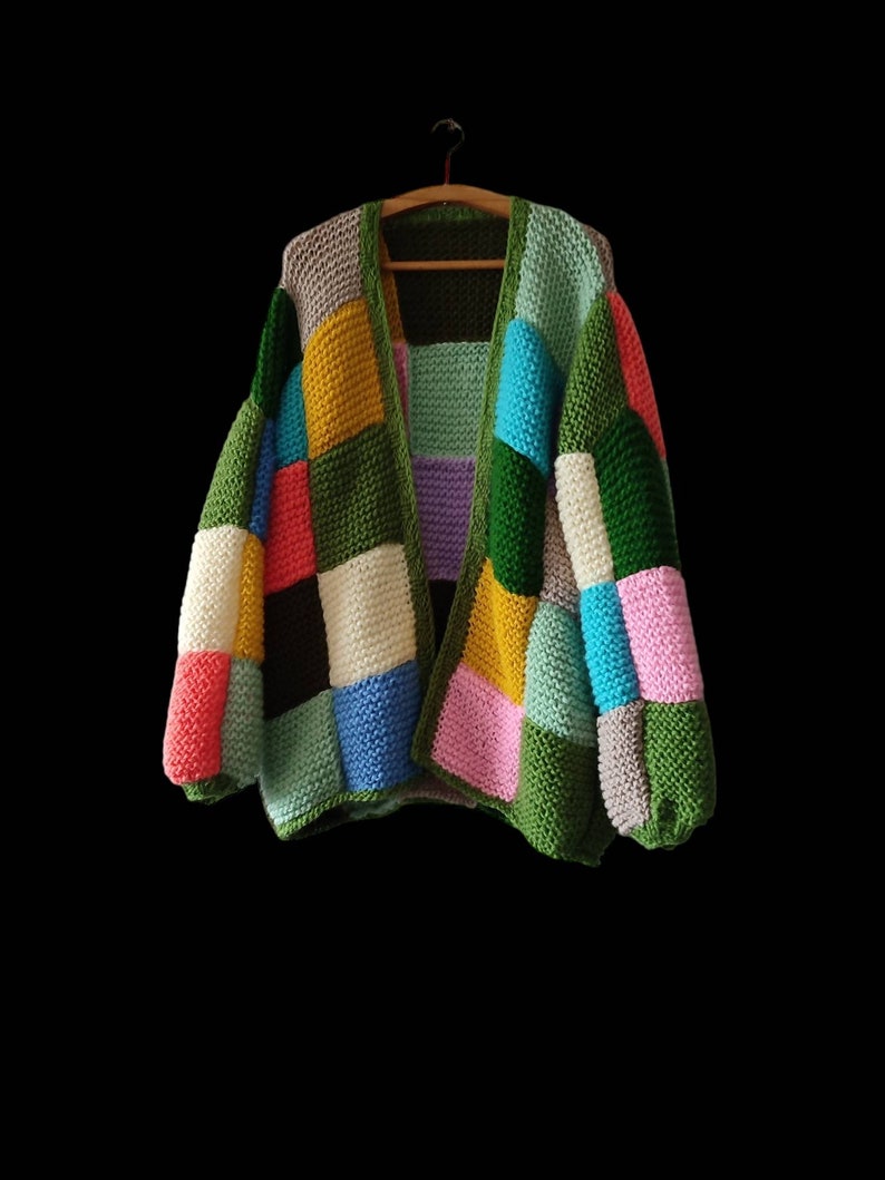 Angora patch cardigan, rainbow midi cardigan, patchwork oversize sweater, woman chunky pullover, handmade woman clothes, gifts for her him image 5