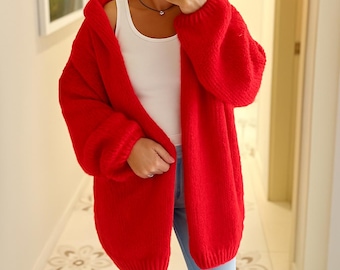 Handmade Red Hooded Cardigan, Oversized Knit Jacket for Women, Chunky Soft Yarn Sweater, Cozy School Girl Gift, Trendy Hoodie Coat