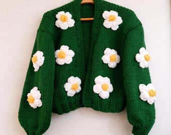 Lady  daisy handmade flower sweater, oversized  floral chunky cardigan, sofiaticated floral woman jacket, christmas gifts for her
