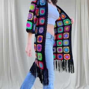 Crochet Granny Square Cardigan – Vintage Black Long Knit Jacket, Retro Women’s Clothing, Boho Festival Coat, unique gifts for Her