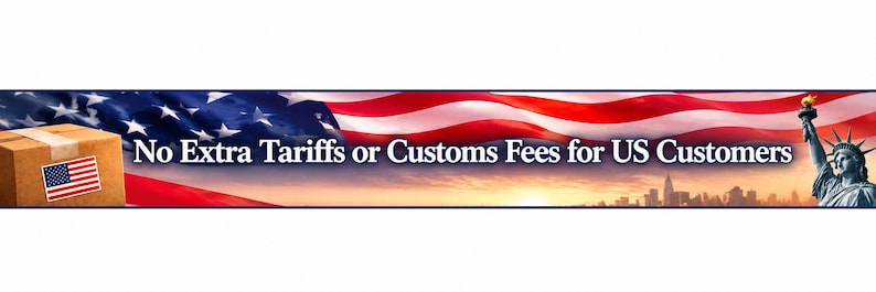 May include: A banner featuring the American flag, a cardboard box with an American flag sticker, and the Statue of Liberty. The text reads "No Extra Tariffs or Customs Fees for US Customers". The background shows a sunset over a city skyline.