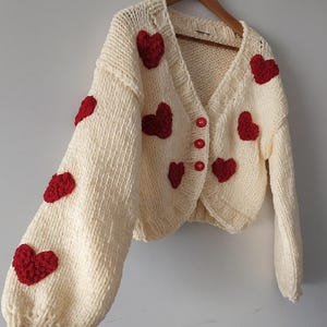 Handmade Cream Knit Cardigan, Red Crochet Hearts, Valentine Sweater