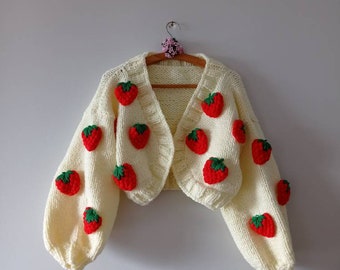 Strawberry cardigan, crop bulky sweater, fruit embroidery jumper, cute hand knittings,  fashionable woman clothes, unique mom gifts, bydna