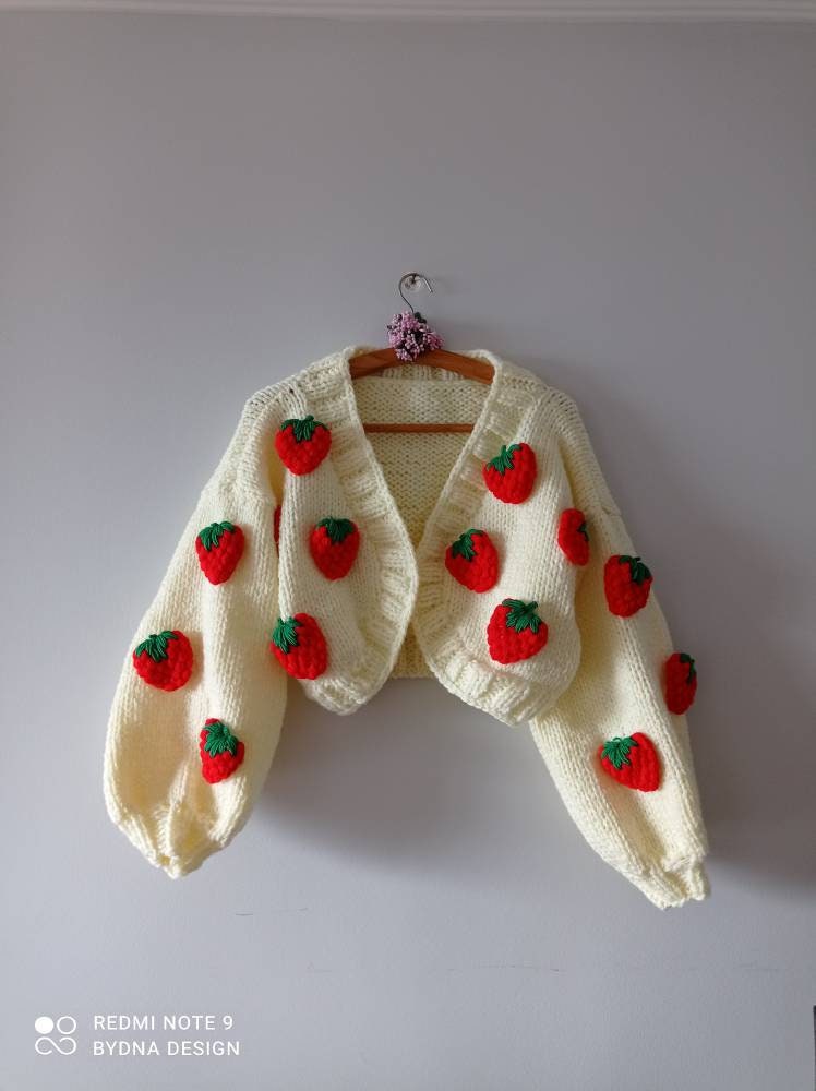 Strawberry Knit Cardigan, Summer Fruit Sweater, Cottagecore