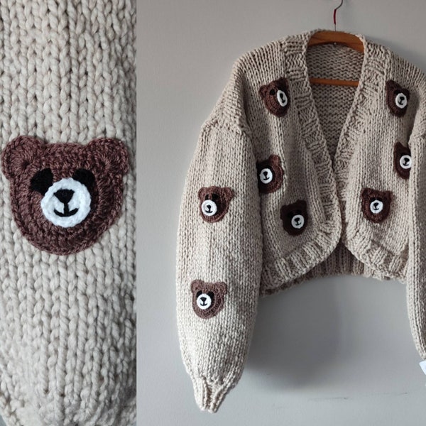 Bear cozy cardigan, 3d bear embroidery swetater, sweet chocolate Knitted jumper, women handmade clothes, christmas unique gifts for her