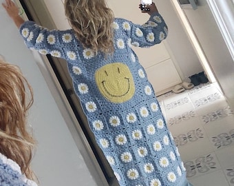 Long daisy trendy cardigan, cotton knitted jacket, maxi smiley face cardigan, baby blue unique gift, custom order handmade women jumper