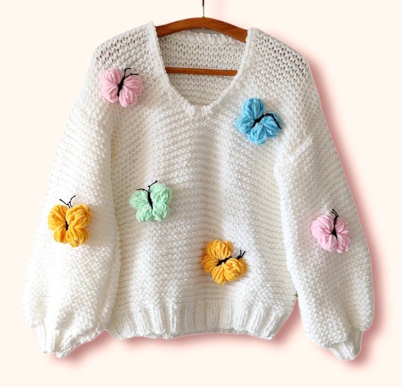 Butterfly Easter Sweater, V Neck Chunky Pullover, All Butterfly Easter Sweater, V Neck Chunky Pullover, All