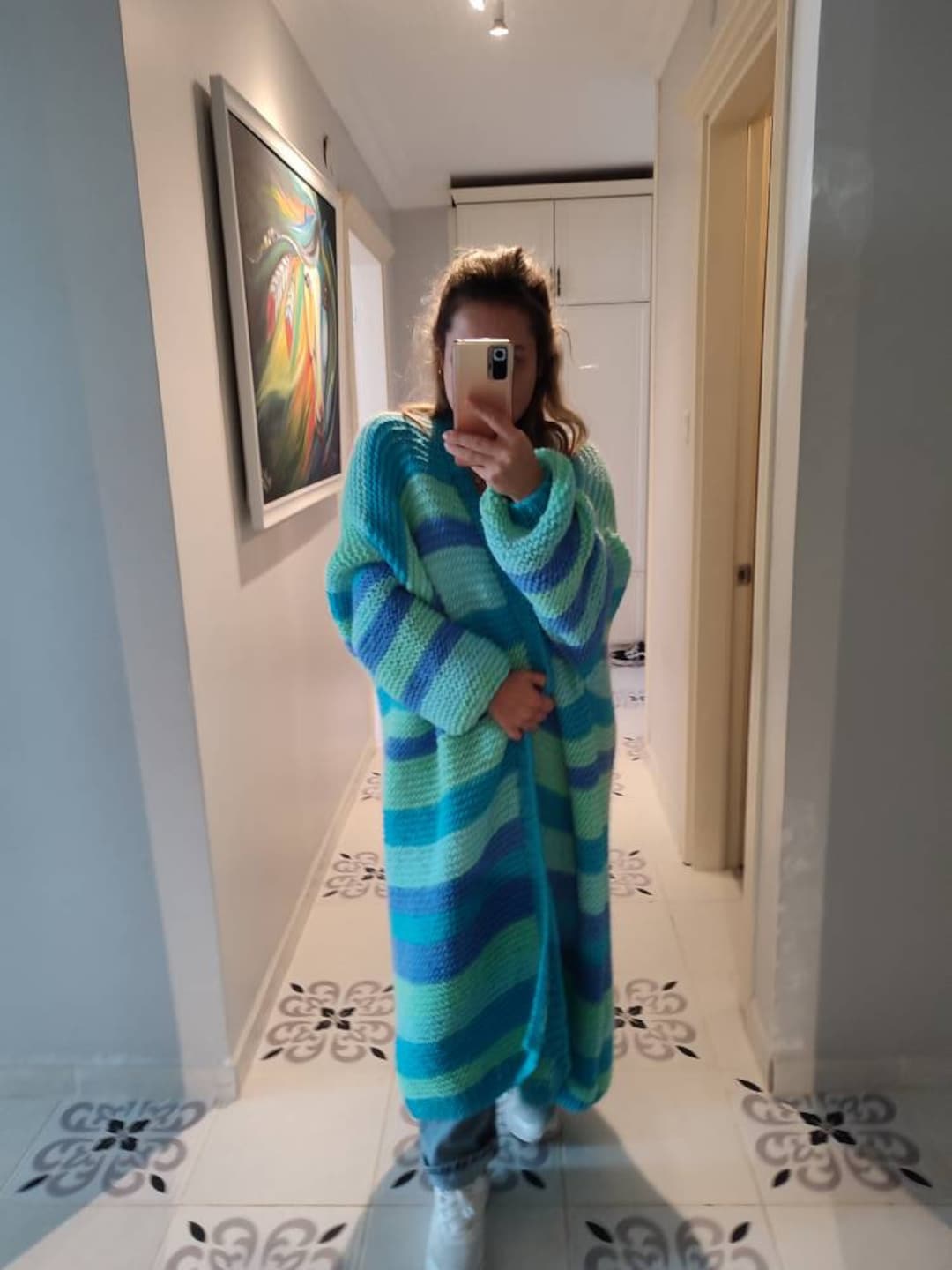 Blanket Big Cardigan, Blue Maxi Angora Sweater, Large Mohair