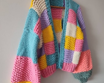 Colorblock Patchwork Knit Cardigan • Handmade Chunky Wool Coat • Cozy Rainbow Sweater for Women