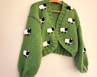Valentines princess sheep cardigan,green lamb sweater, unique oversize jumper, Unique gifts for her, chunky hand knitted, women streetwear