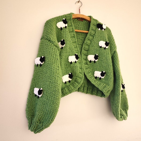 Cardigan en mouton princesse Saint-Valentin, pull en agneau vert, pull oversize unique, cadeaux uniques pour elle, grosses mailles tricotées à la main, streetwear pour femmes