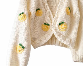 BYDNA Fresh lemon slice cotton knitted sweater, lemon embroidered cardigan, handknit crochet woman gifts