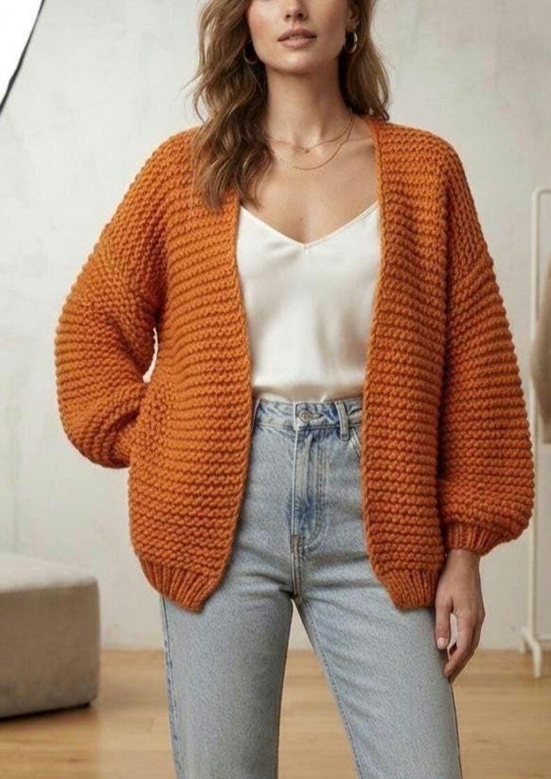 Cárdigan acolchado de mohair de angora, suéter de punto acogedor hecho a mano, punto grueso extragrande, prendas de punto de lujo para mujer de BYDNA Naranja