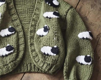 Christmas Women's Sheep Cardigan, Olive green Handmade cozy sweater, chunky  warm jumper, animal embroidered outfit for woman