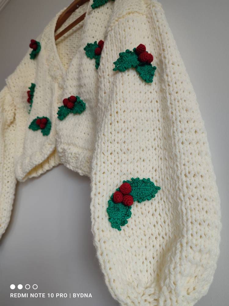 Christmas Berries Crop Cardigan, Holly Berry Appliques Sweater ...