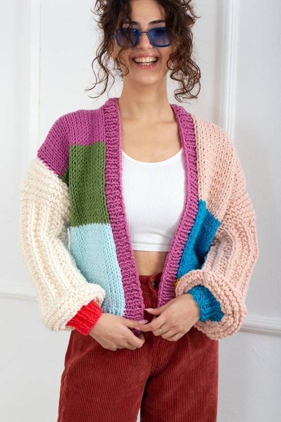 Colorblock Woman Cardigan, Trendy 11.11 Gifts, Patchwork